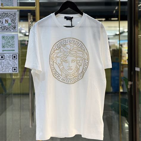 versace medusa logo on white tshirt|Versace crystal medusa t shirt.